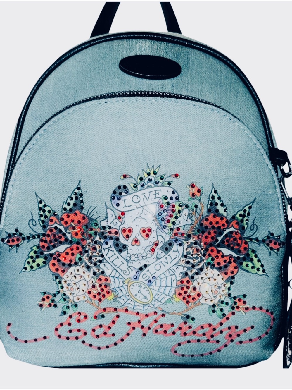 Ed Hardy Light Blue Denim & Black Floral Skull Charm Backpack - NWT